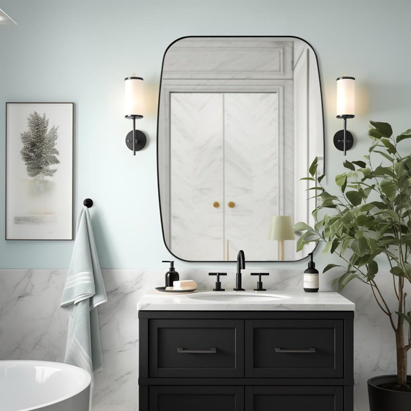 Condition photo showing New/Like New for Modern Oblong Oval Bathroom Vanity Mirror | Stainless Steel Frame
