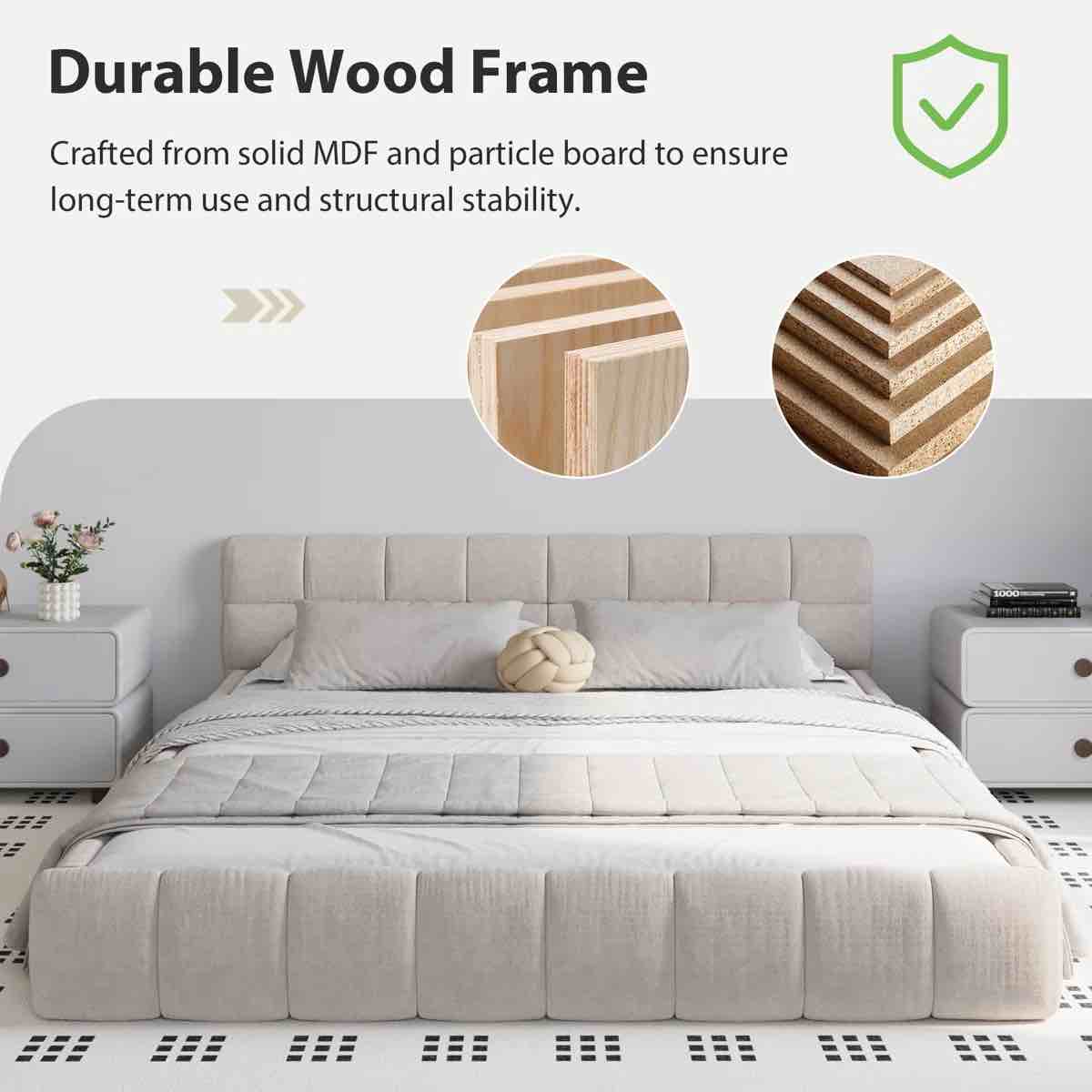 Condition photo showing New/Like New for Chenille Queen Upholstered Bed Frame With Headboard