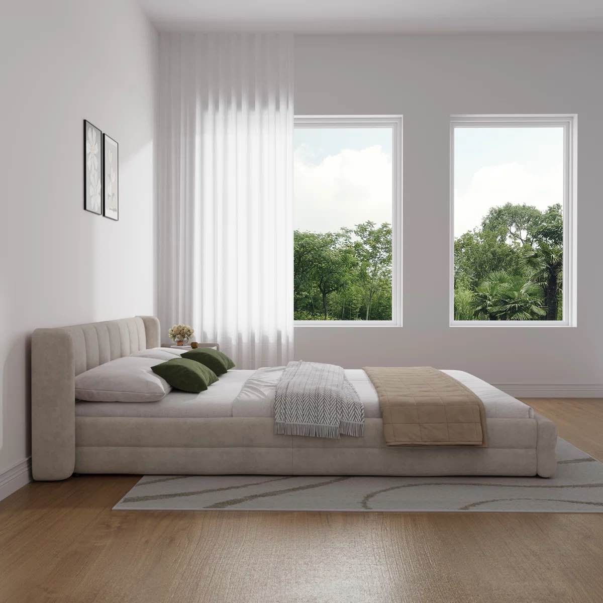 Condition photo showing New/Like New for Queen Size Chenille Upholstered Low Bed Frame, Platform Bed With Wingback Headboard