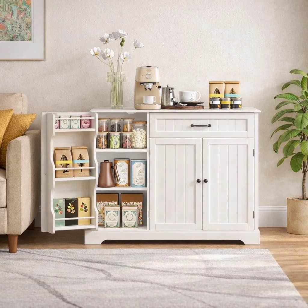 Condition photo showing New/Like New for Kitchen Pantry Cabinet with 2 Storage Cabinets, 1 Drawer & Metal Handles for Kitchen or Living Room