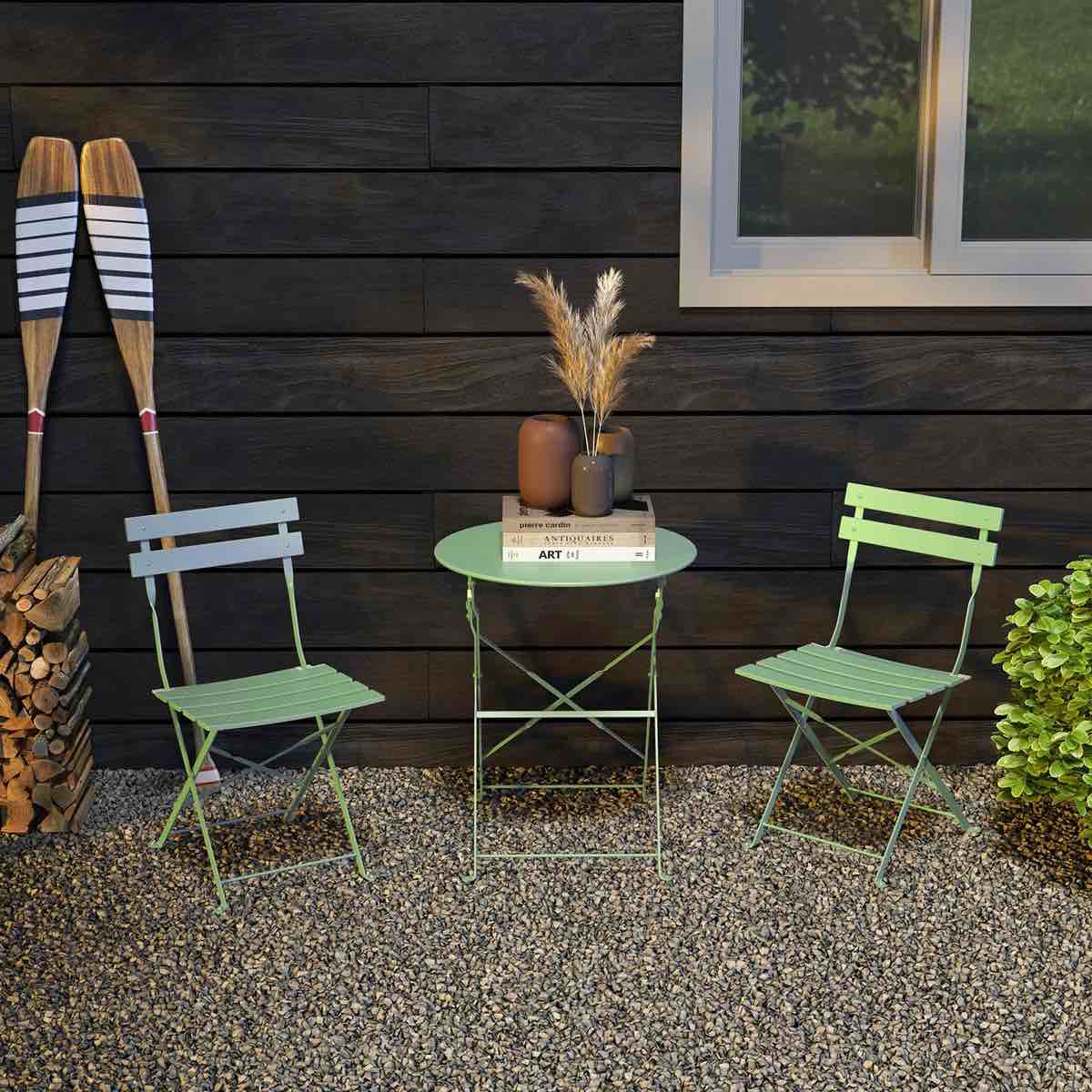Condition photo showing New/Like New for Shelah Premium Steel Patio Bistro Set, Folding Outdoor Patio Furniture Sets, 3 Piece Patio Set Of Foldable Patio Table And Chairs