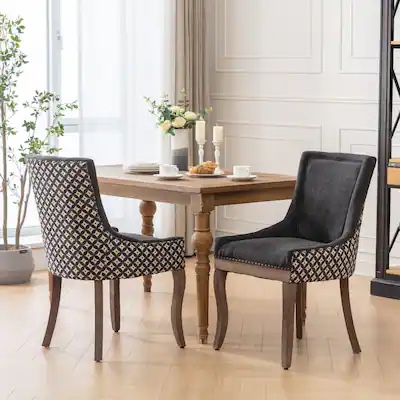 Condition photo showing New/Like New for AllModern Set of 4 Dining Chairs, Thickened Fabric, Solid Wood Legs, Nail Head Trim - Black