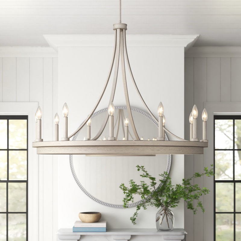 Condition photo showing New/Like New for Three Posts Marconi 12 - Light Living Room Steel Dimmable Candle Style Wagon Wheel Chandelier UL Certified