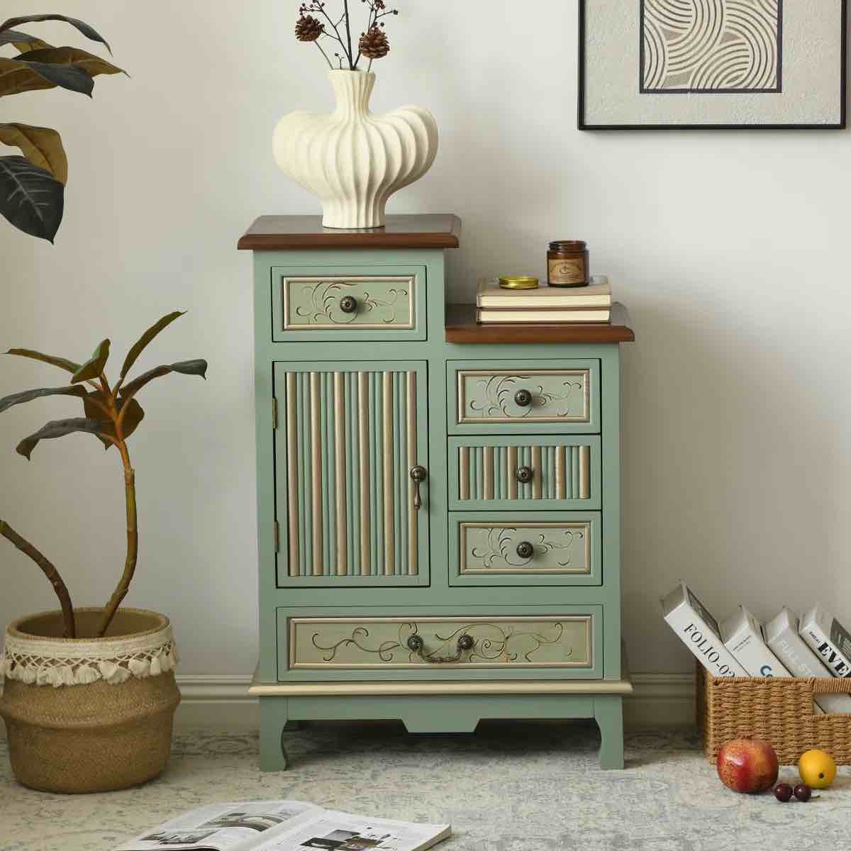Fienley Farmhouse 1-Door Carved Wood Accent Chest With 5-Drawers, Sage Green Cabinet,Rustic Brown Top