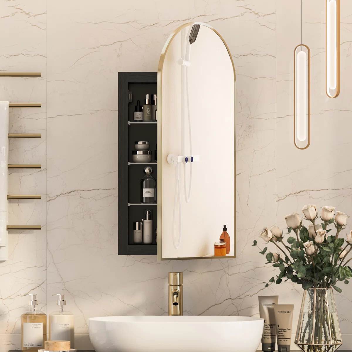 arched bathroom medicine cabinet with mirror & shelves,right open,recessed