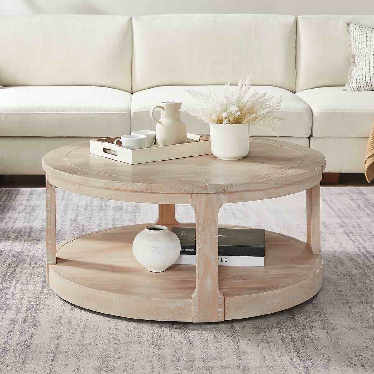 40Inch Large Curved 2 Tier Traditional Round Circle Wooden Center Coffee Table,Rounded Wooden Table With Wheels ,Table For Living Room,Office,Apartment