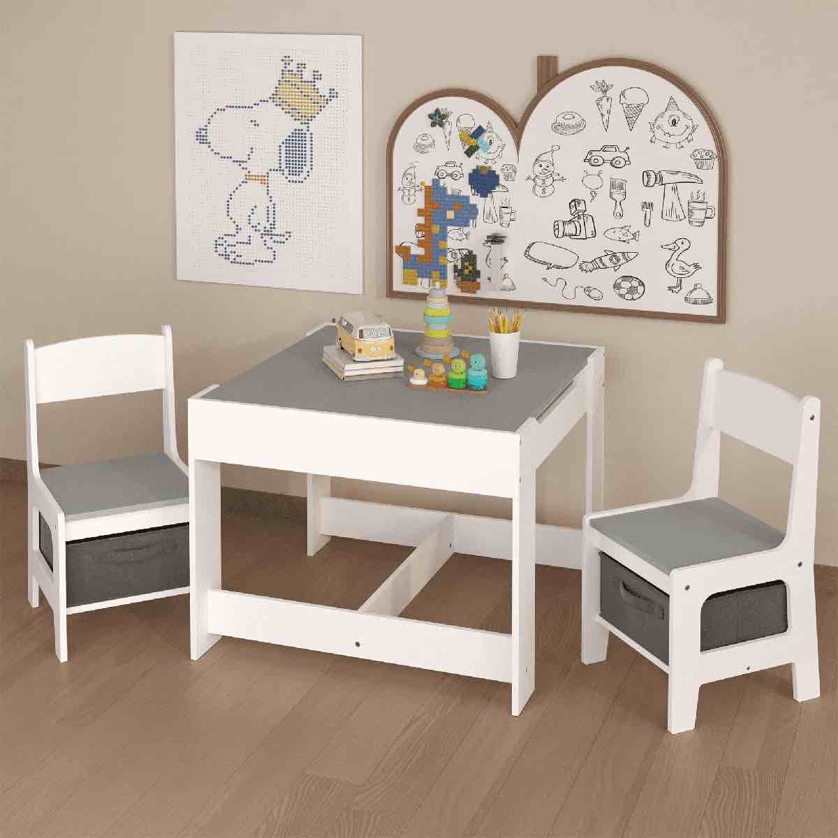 kids table and chair set, 3 in 1 wooden activity table with storage drawer for toddlers drawing, reading, crafts, 2 in 1 detachable tabletop table set for nursery, playroom