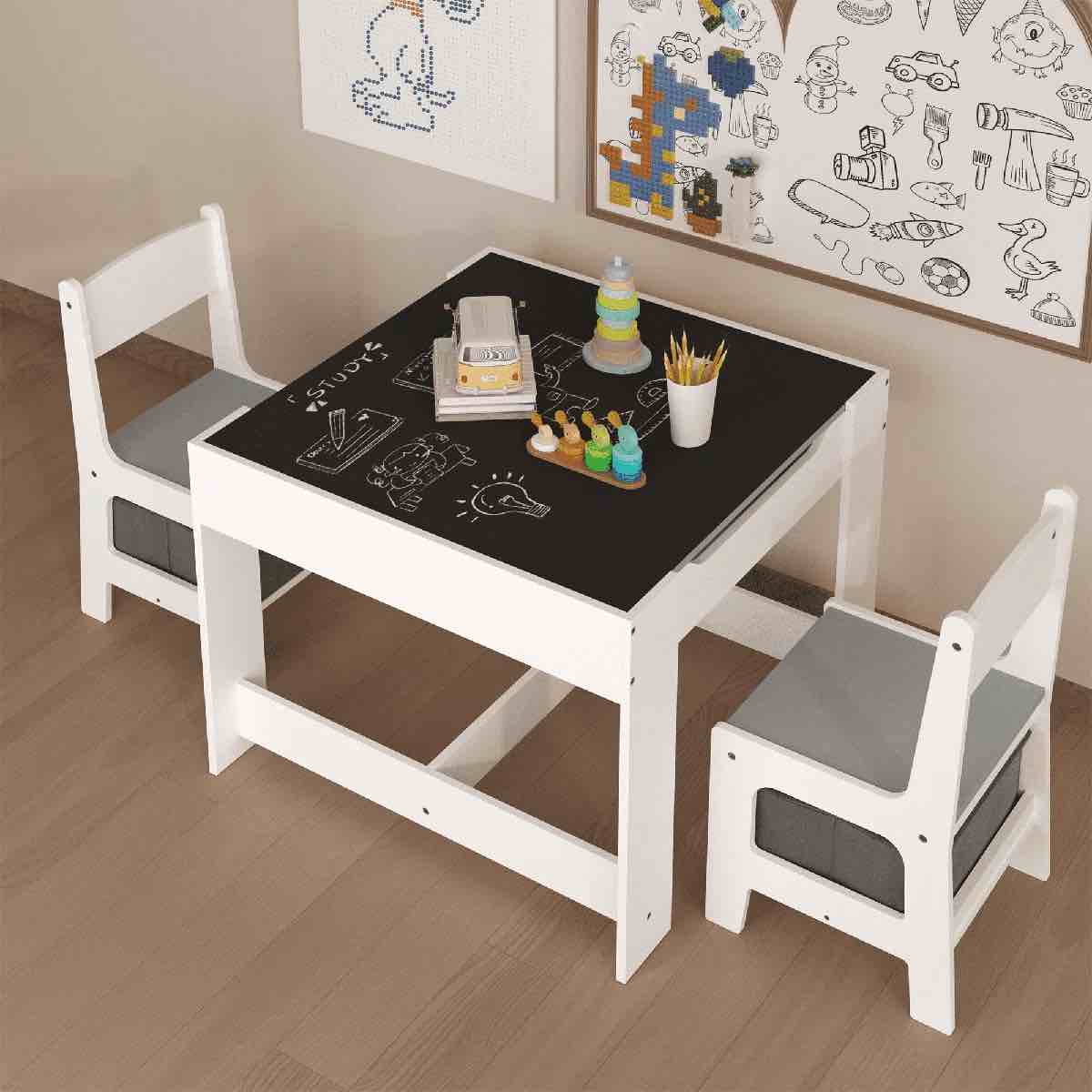 Condition photo showing New/Like New for kids table and chair set, 3 in 1 wooden activity table with storage drawer for toddlers drawing, reading, crafts, 2 in 1 detachable tabletop table set for nursery, playroom