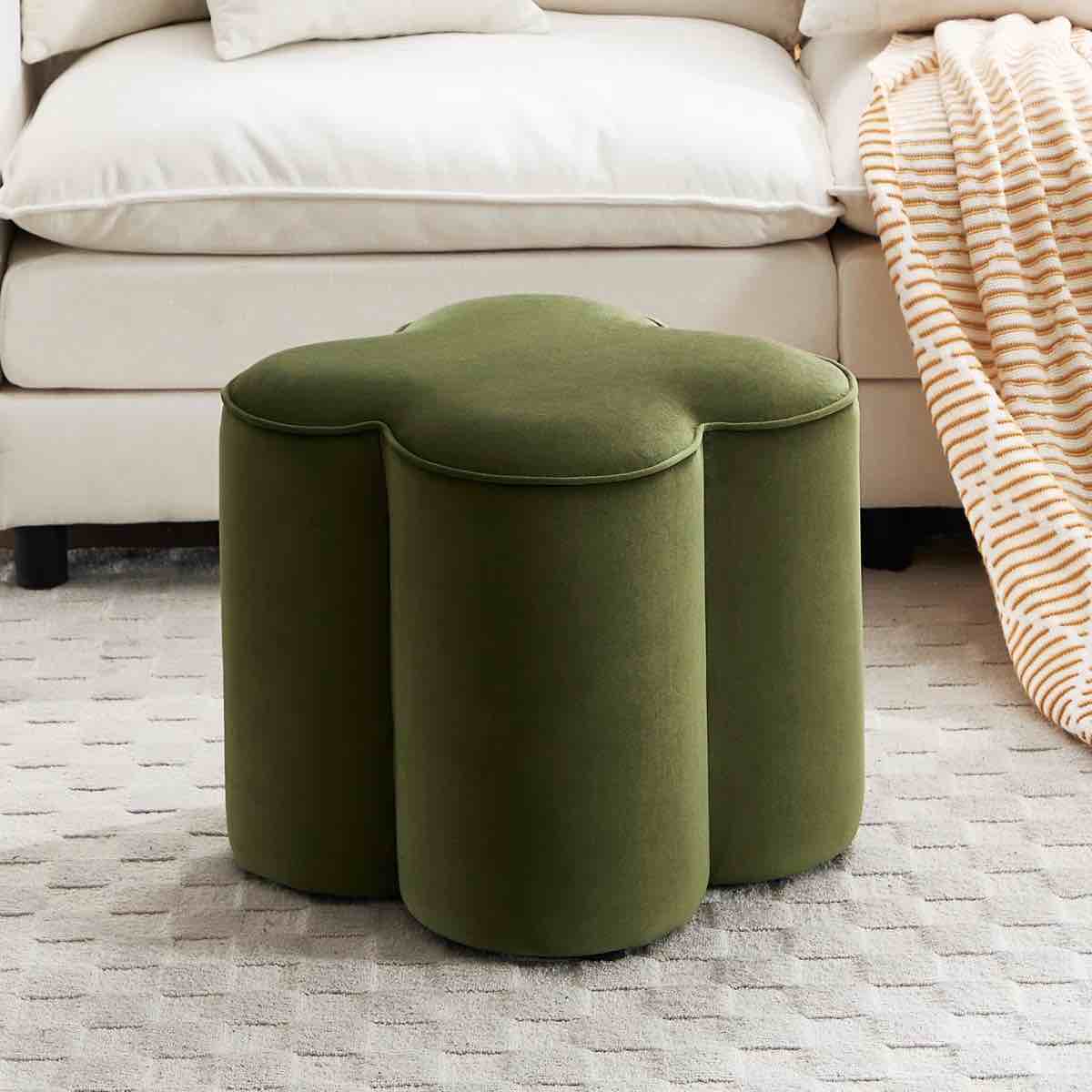 Condition photo showing New/Like New for zesthouse flower pouf ottoman foot rest, velvet fabric poofy ottoman footstool for couch, modern living room stool seat, cute square vanity stool for bedroom dorm, green