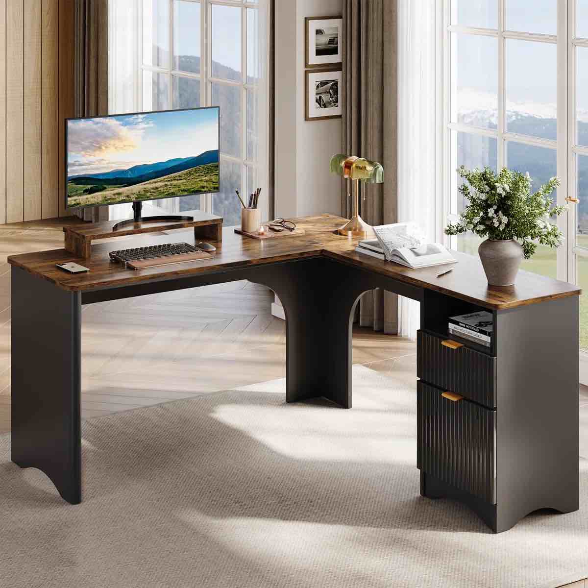 bestier l shaped desk with file drawer, 55.7" x 55" office computer desk with round corners, modern desk with monitor stand & fluted panels for home office, black & rustic brown