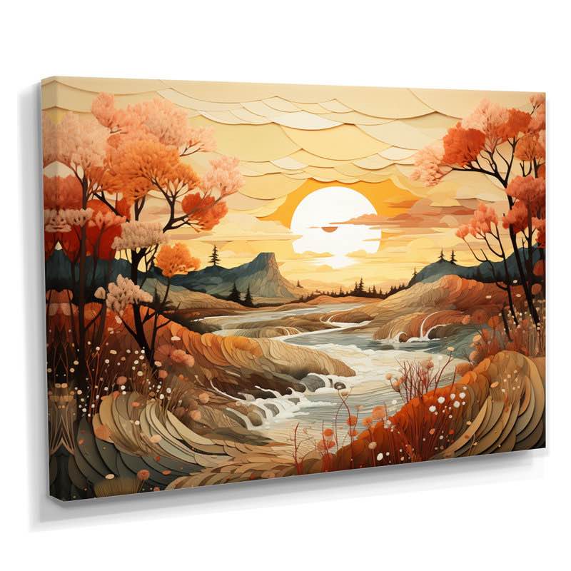 Condition photo showing New/Like New for orange trees autumn serenity sunset - forest and river wall art living room
