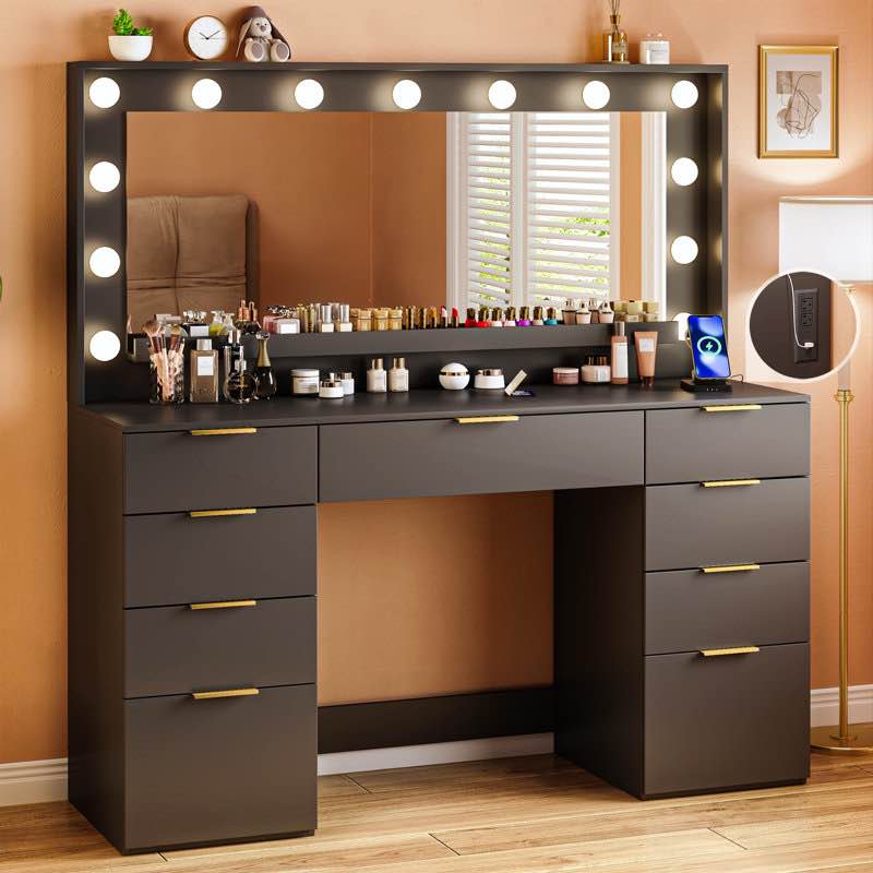 vanity desk with large mirror and lights, 9 drawer, power outlet