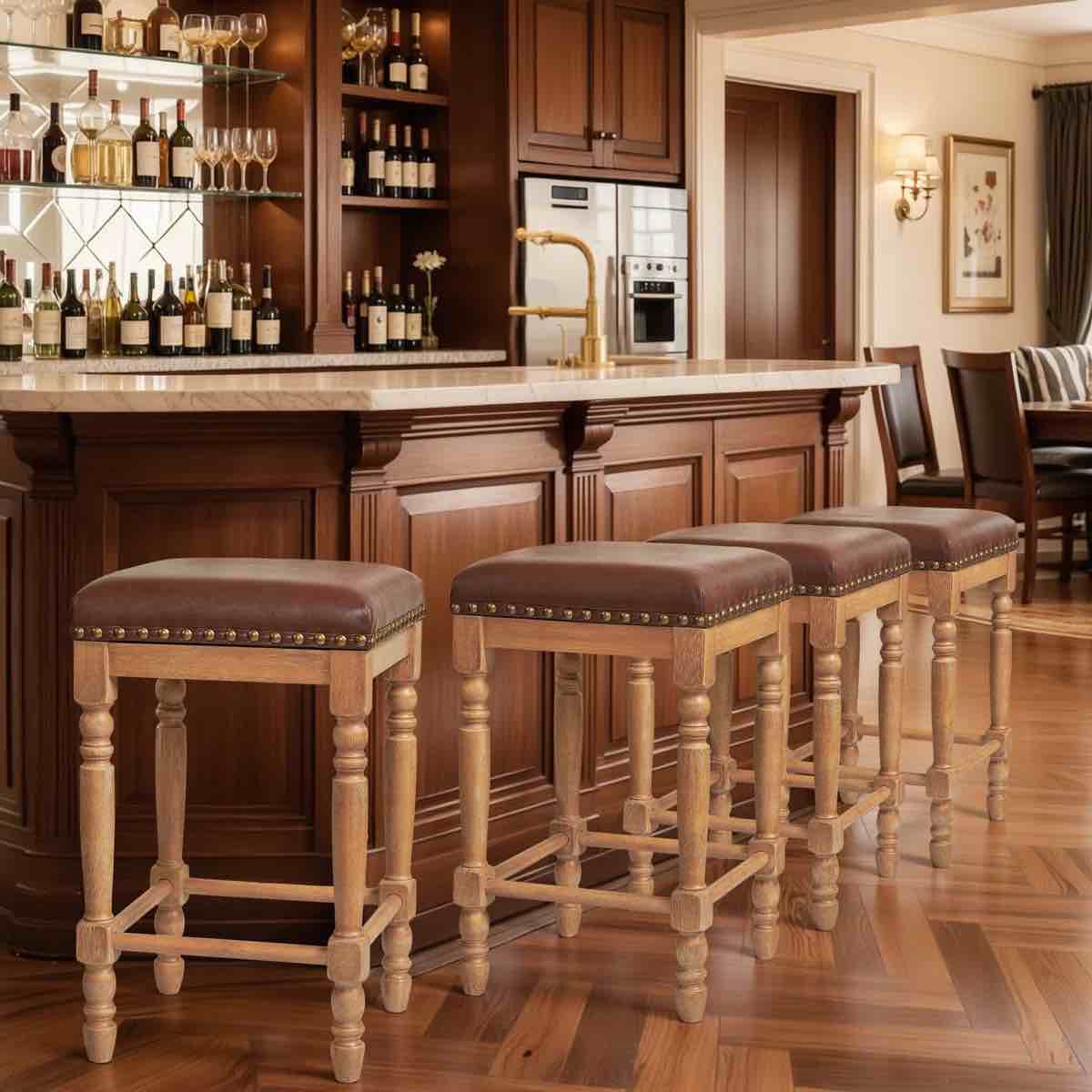 counter height bar stools, backless kitchen counter stools, mid century modern upholstered with solid wood frame & oil wax leather for kitchen island dining room set of 4