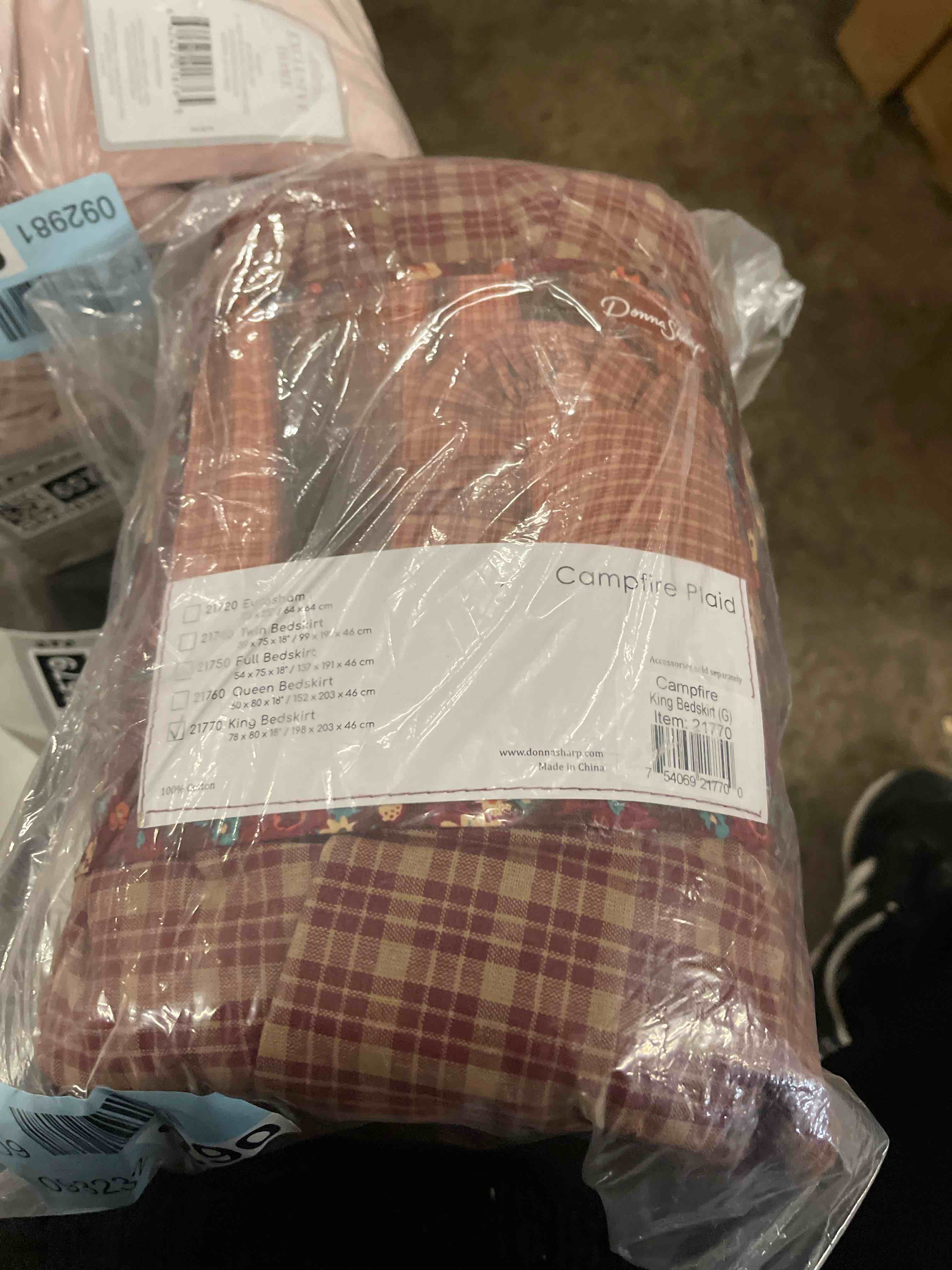 Condition photo showing New/Like New for king bedskirt  campfire plaid(g)