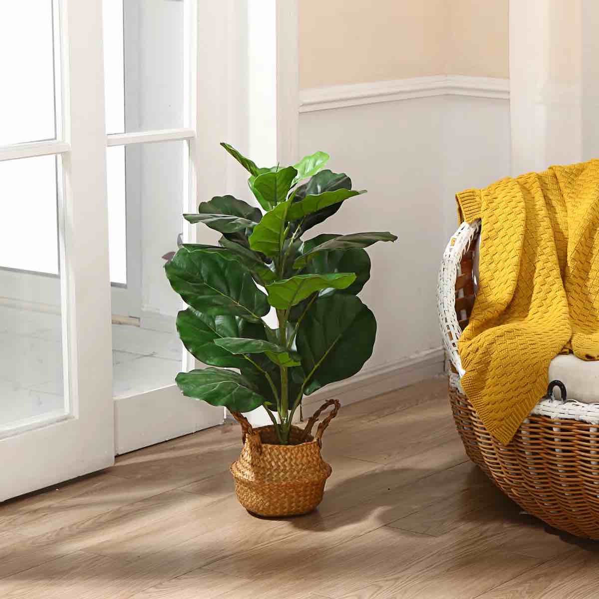 adcock 30in artificial fiddle leaf fig plant in basket, faux green plant, fake tree for home décor
