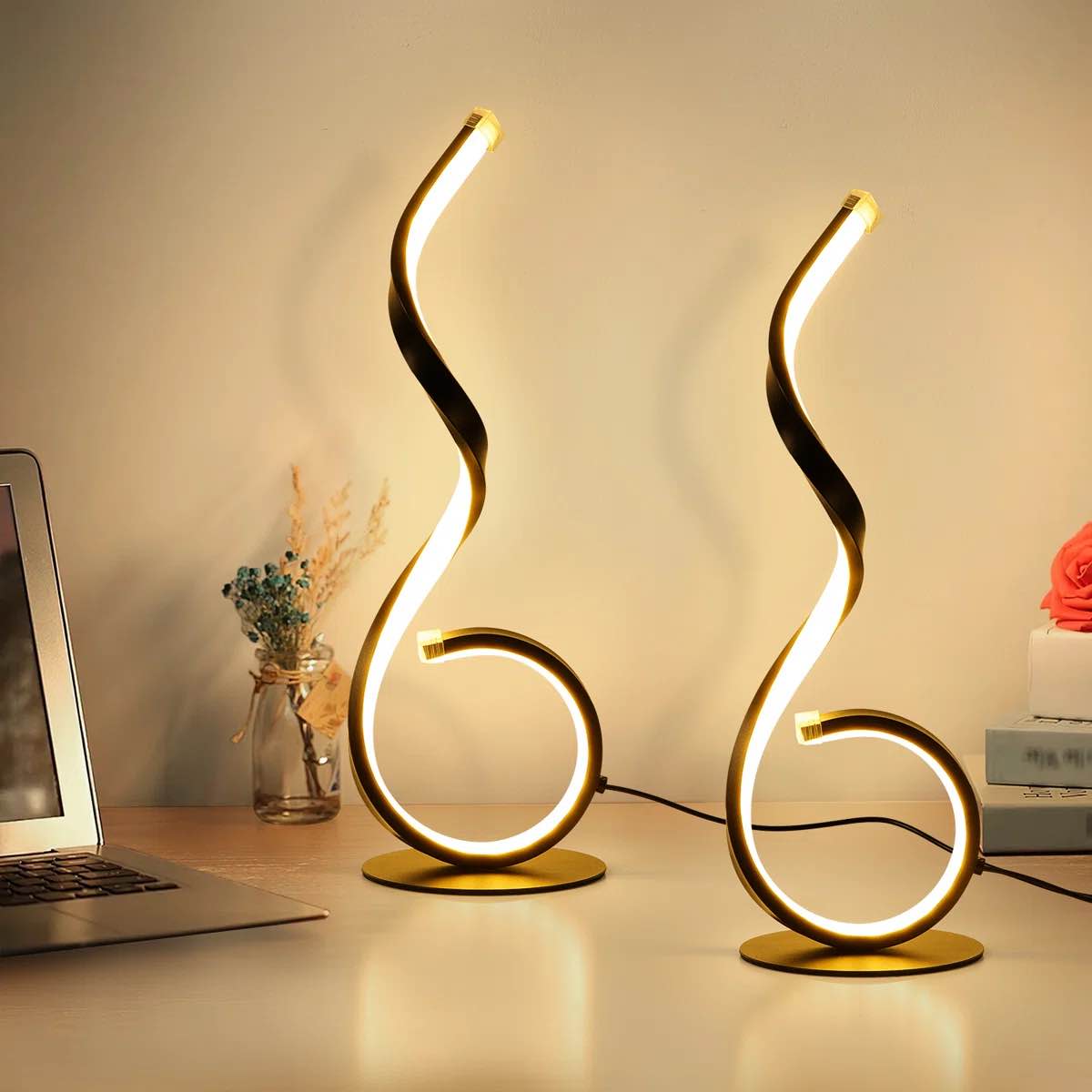 2pcs modern spiral table lamps, 3 color temperature led table lamps, usb charging bedside table lamp, stepless dimmable reading light, end table lamps for living room, bedroom, office desk