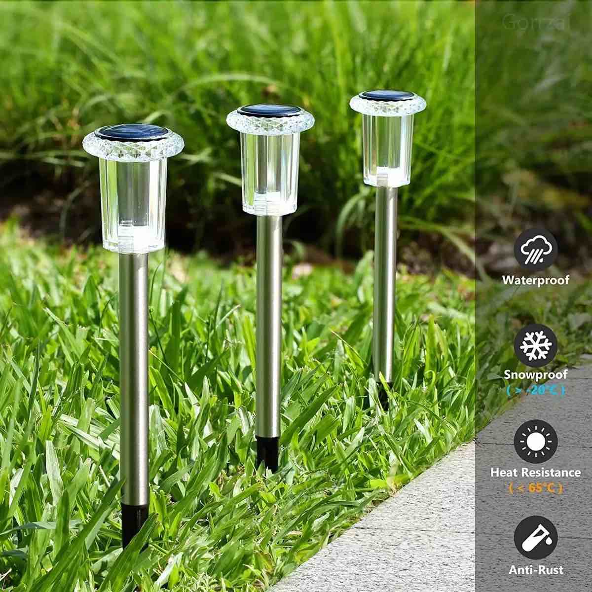 solar pathway lights 12 pack solar outdoor lights, led waterproof solar powered yard walkway lighting stainless steel garden stake for path, landscape, lawn, driveway(cold white)