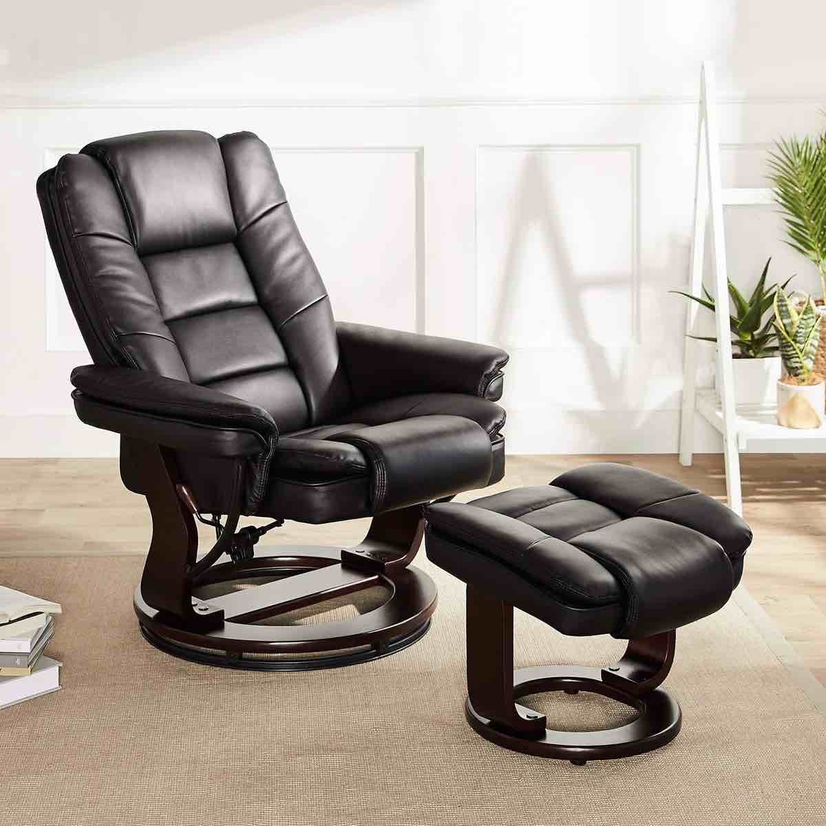 32" contemporary leather recliner and ottoman with swiveling mahogany wood base