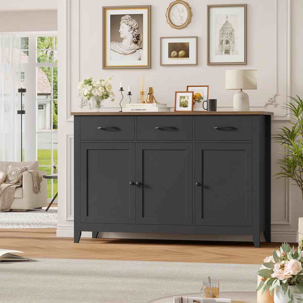 zosia 47.2" modern sideboard buffet, credenza storage cabinets with adjustable shelves and three drawers