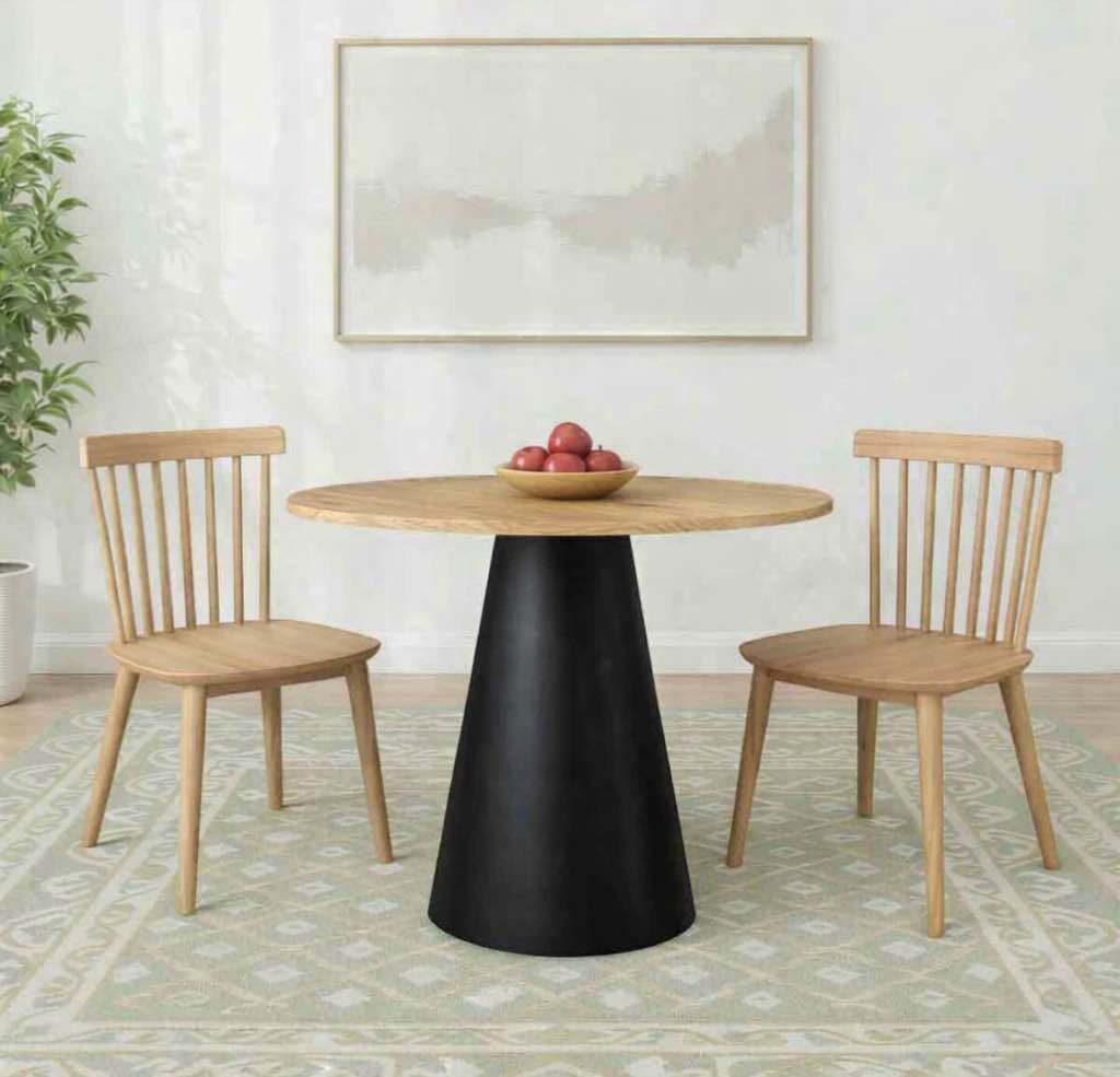 agne 35" round pedestal dining table -oak top with black base