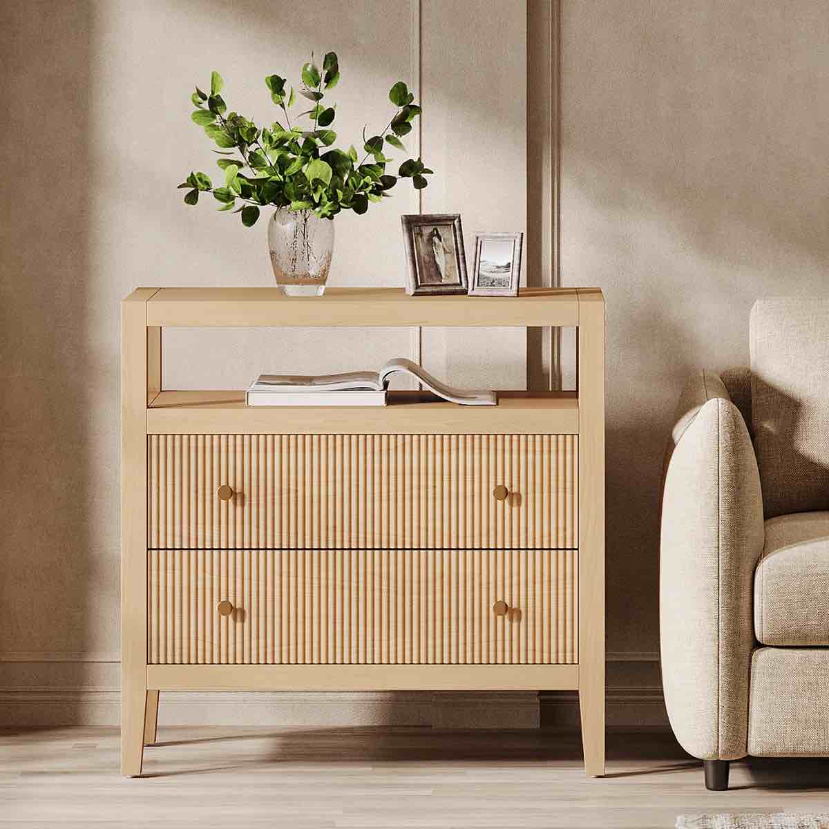 farmhouse 2-drawer nightstand with open shelf, modern bedside table in oak