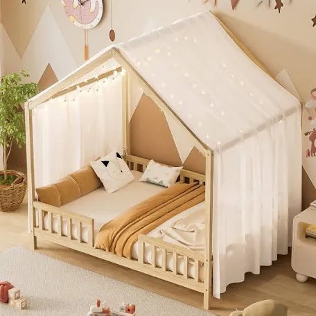 Rozlynn Montessori Full-Size House-Shaped Bed with Canopy & High Railings