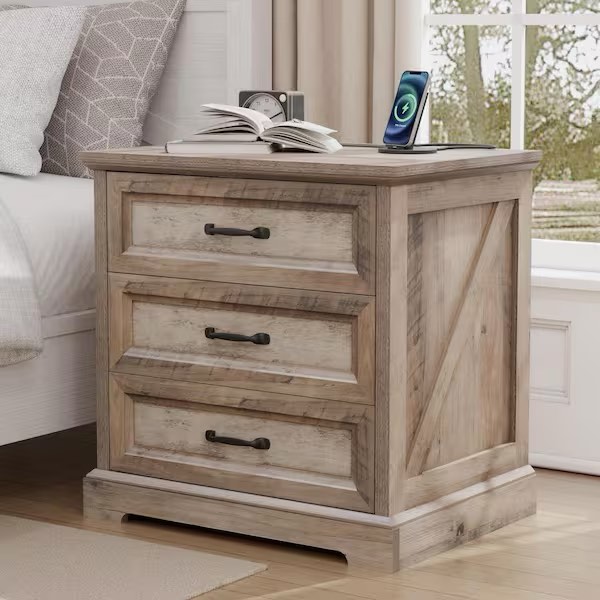 farmhouse gray wash 3-drawer 23.6 in. w nightstand with charging station