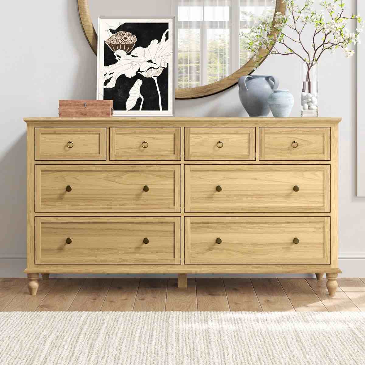 8 Drawer Dresser For Bedroom, 65in Large Long Drawer Dresser with Deep Drawers, Rustic Wood Wide Chest of Drawers with Large Capacity, Storage Dressers for Bedroom, Living Room, Hallway