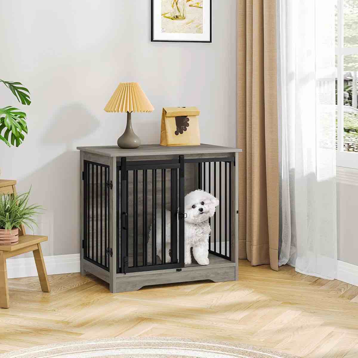furniture style dog crate, heavy-duty dog kennels with sliding barn door, wooden dog house for small/medium/large dogs, end side table, tv stand