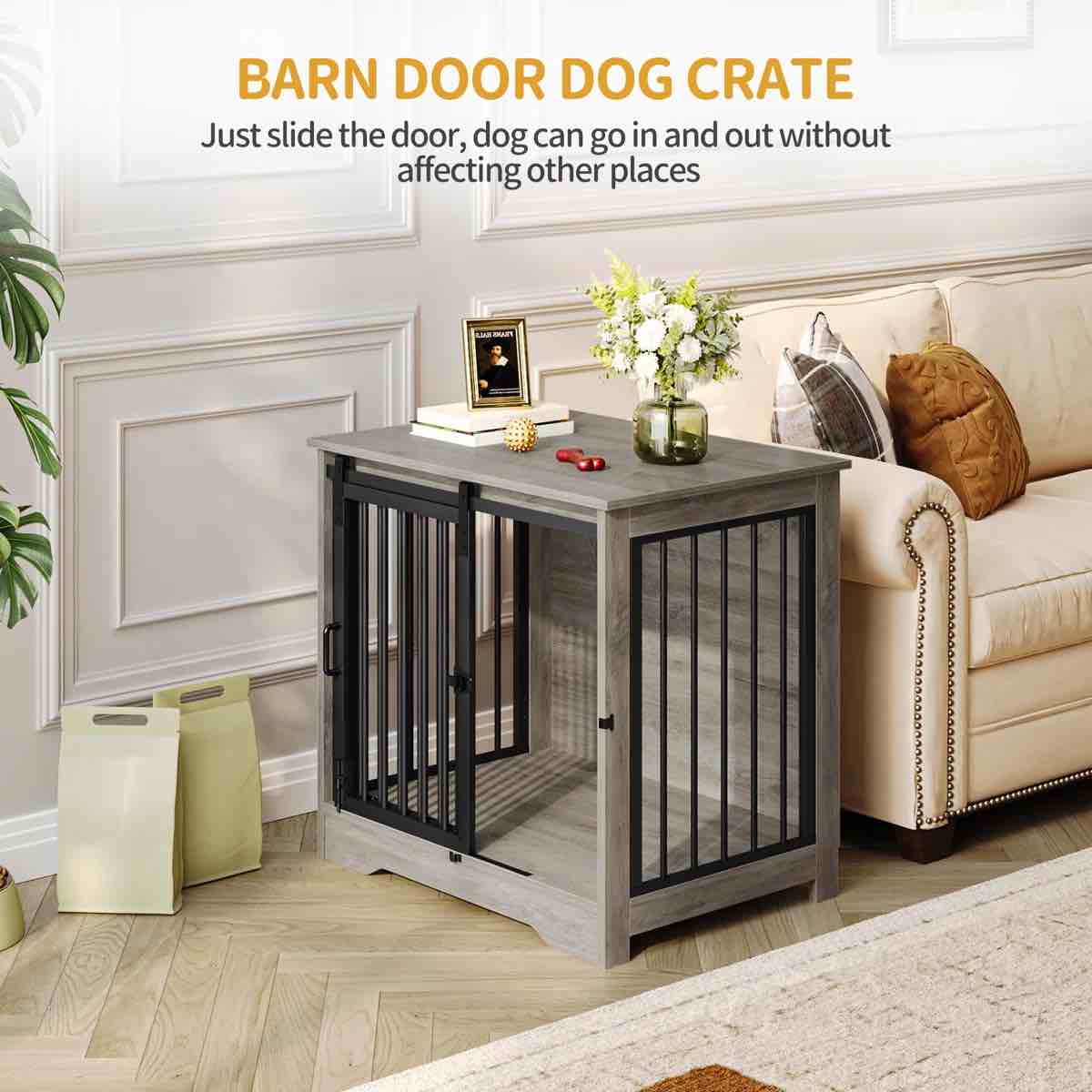 Condition photo showing New/Like New for furniture style dog crate, heavy-duty dog kennels with sliding barn door, wooden dog house for small/medium/large dogs, end side table, tv stand