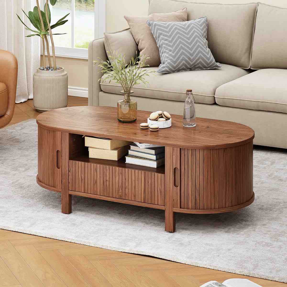 47.2'' oval coffee table with storage, fluted accent center table with draw and sliding tambour doors