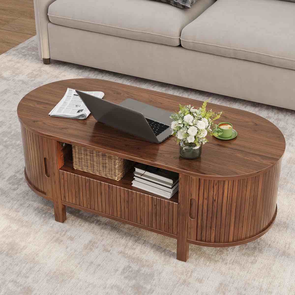 Condition photo showing Good Condition for 47.2'' oval coffee table with storage, fluted accent center table with draw and sliding tambour doors