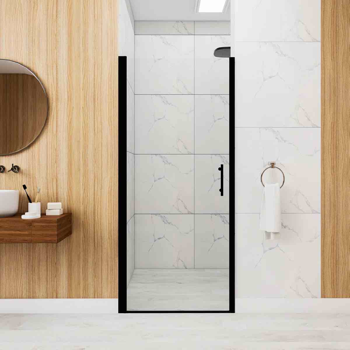 32"X 72" Pivot Shower Door | Matte Black Aluminum Frame | Half Frame | 1/4 Inch Tempered Glass With Explosion-Proof Film | Stainless Steel Handle 2XYBAFSD20-32MB