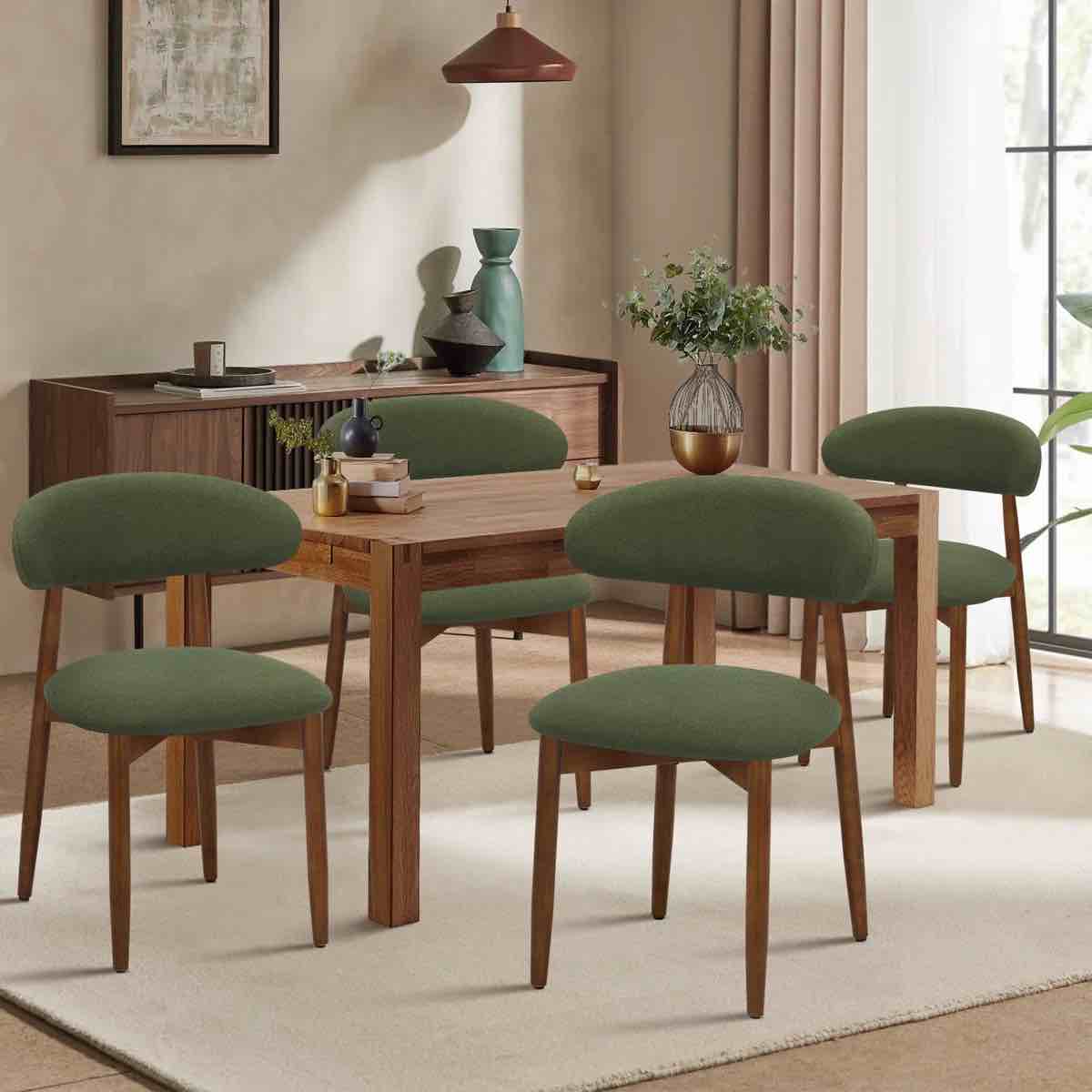 Wooden Dining Room Chairs Set of 4, Modern Upholstered Fabric Dining Chairs, Farmhouse Kitchen Side Chair with Foot Pegs, Green