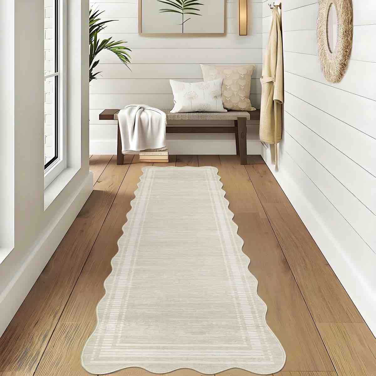 Condition photo showing New/Like New for machine washable rug with rubber backing border design non-slip carpet for living room, bedroom, dining room, office, playroom