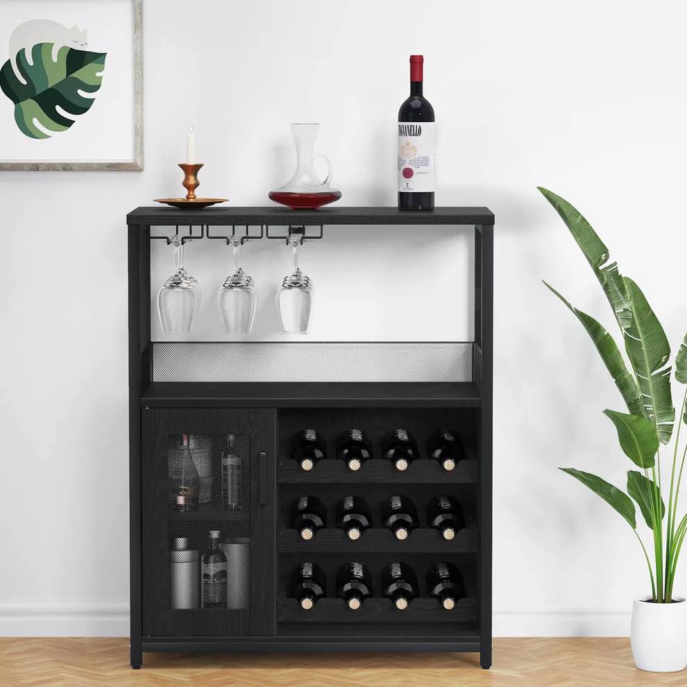 Condition photo showing New/Like New for 3-tier wine bar cabinet with detachable wine rack and storage space, buffet cabinet with glass holder and mesh door, for kitchen, living room and bar (black)