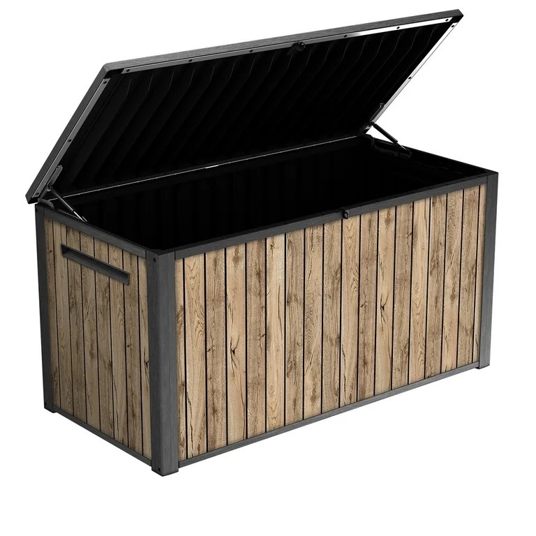 Condition photo showing New/Like New for keter signature 170 gallon durable resin outdoor deck box storage organization, pine