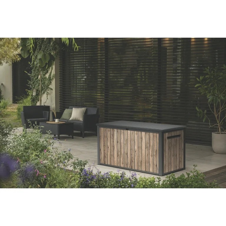 keter signature 170 gallon durable resin outdoor deck box storage organization, pine