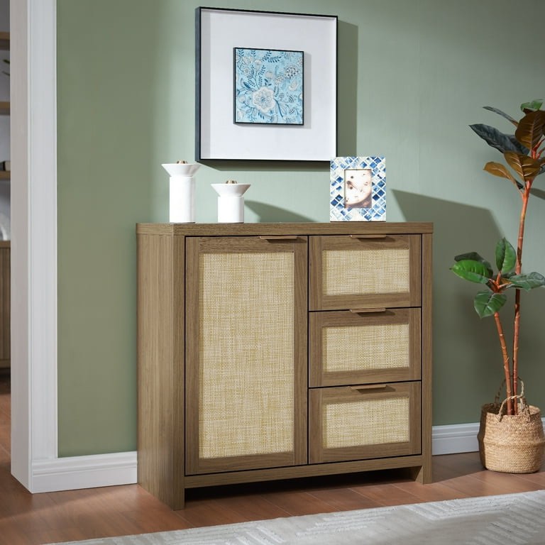 Condition photo showing New/Like New for oakham storage cabinet with 3 drawer, rattan sideboard buffet accent cabinet boho entryway storage cabinet console for living room, bedroom, hallway, special walnut