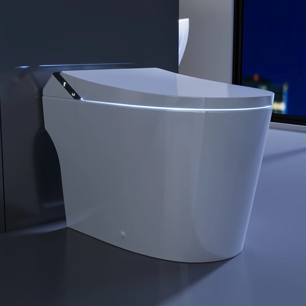 Condition photo showing New/Like New for smart bidet toilet: ada-compliant chair height with foam shield, auto flush, and heated seat in white dv-1s0289