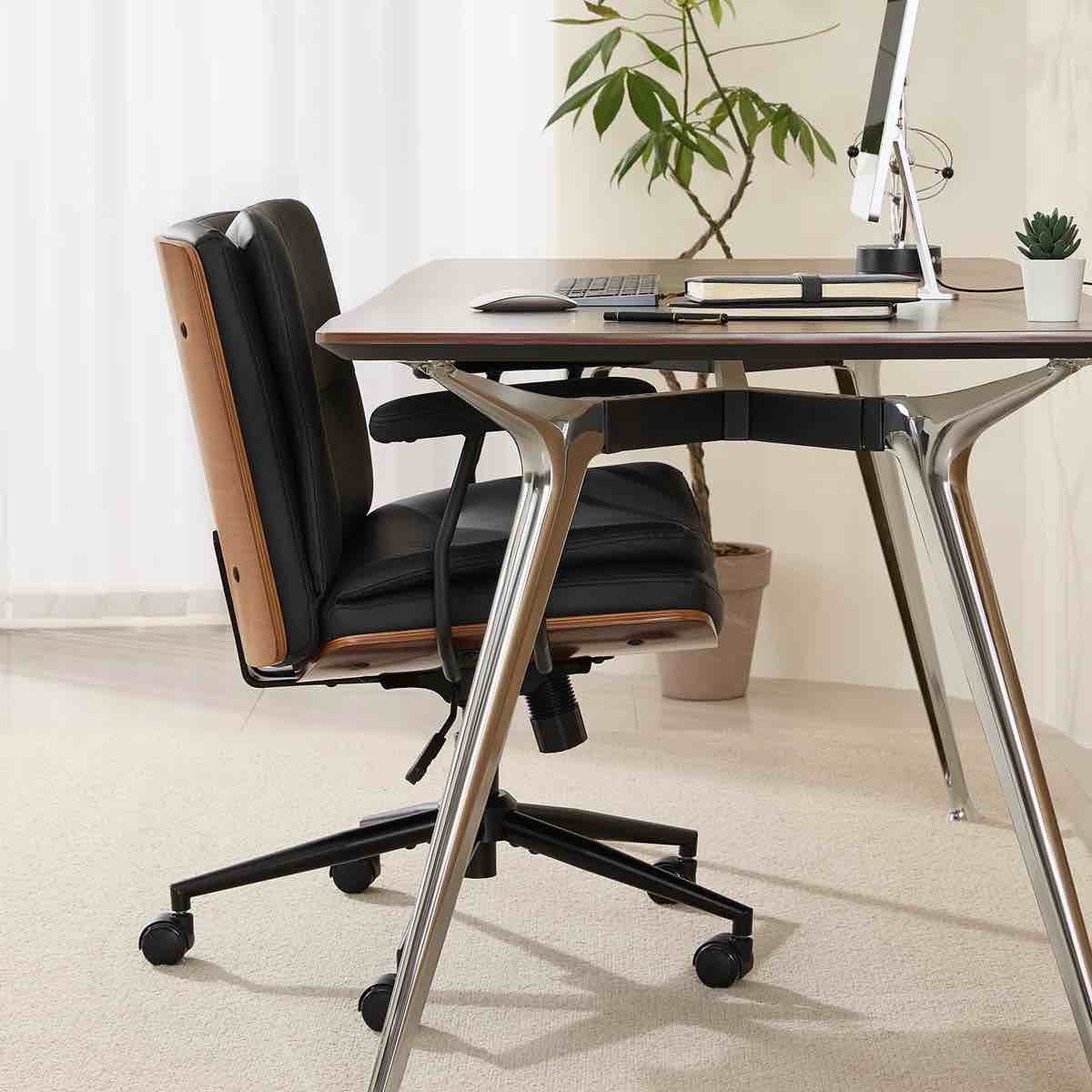 Condition photo showing New/Like New for (2)home office desk chair with armrests & wheels, modern walnut swivel rolling executive task chair, pu leather vanity chair with lumbar support, height adjustable ergonomic computer chair (black)