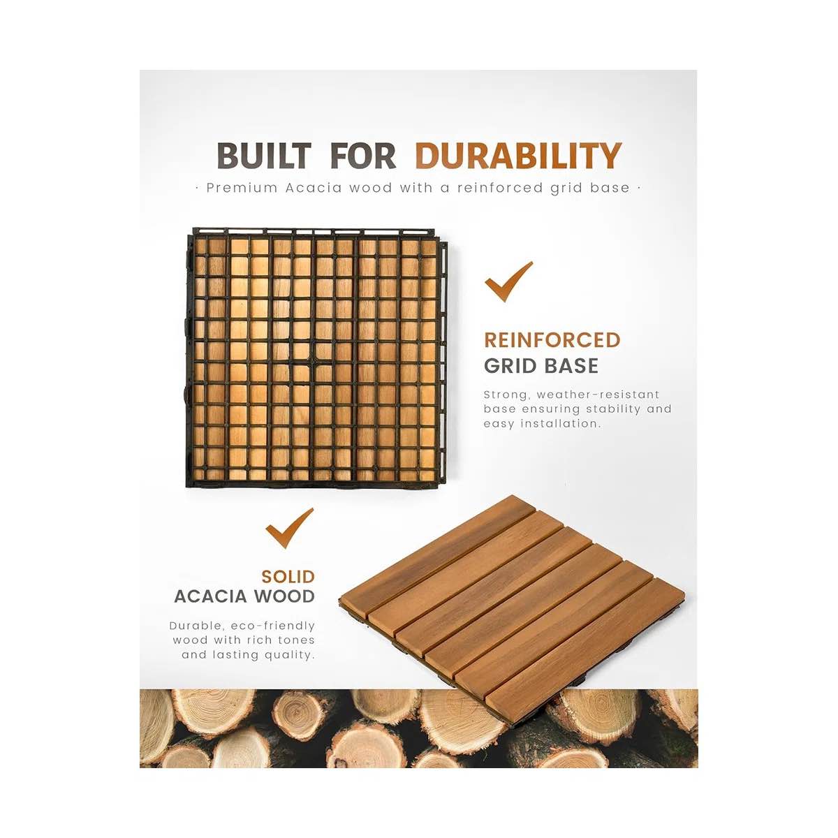 Condition photo showing New/Like New for acacia wood interlocking deck tiles, featuring a  6-slat design. 