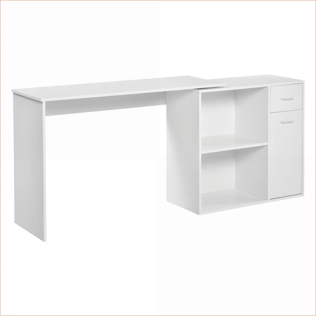 Condition photo showing New/Like New for desks, homcom l-shaped 180° rotating computer desk with storage, drawer, cabinet for home office | white | p2 particleboard