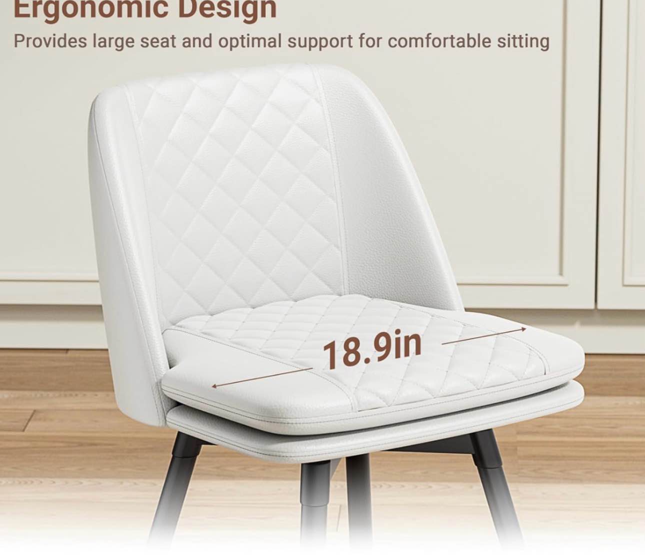 Condition photo showing New/Like New for 26 inch bar stools set of 2, 360° swivel counter height barstools with back, double-layer upholstered faux leather modern bar chair with metal footrest for home kitchen island, dining room, white