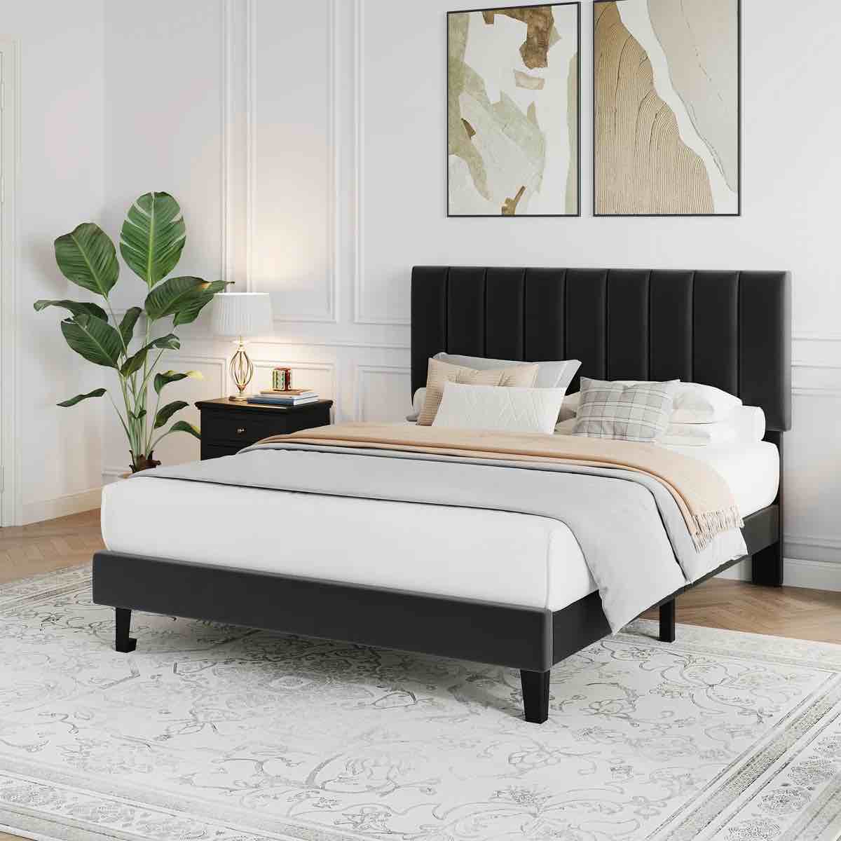 Condition photo showing Good Condition for bed frame with adjustable velvet upholstered headboard, vertical channel tufted platform bed frame- full