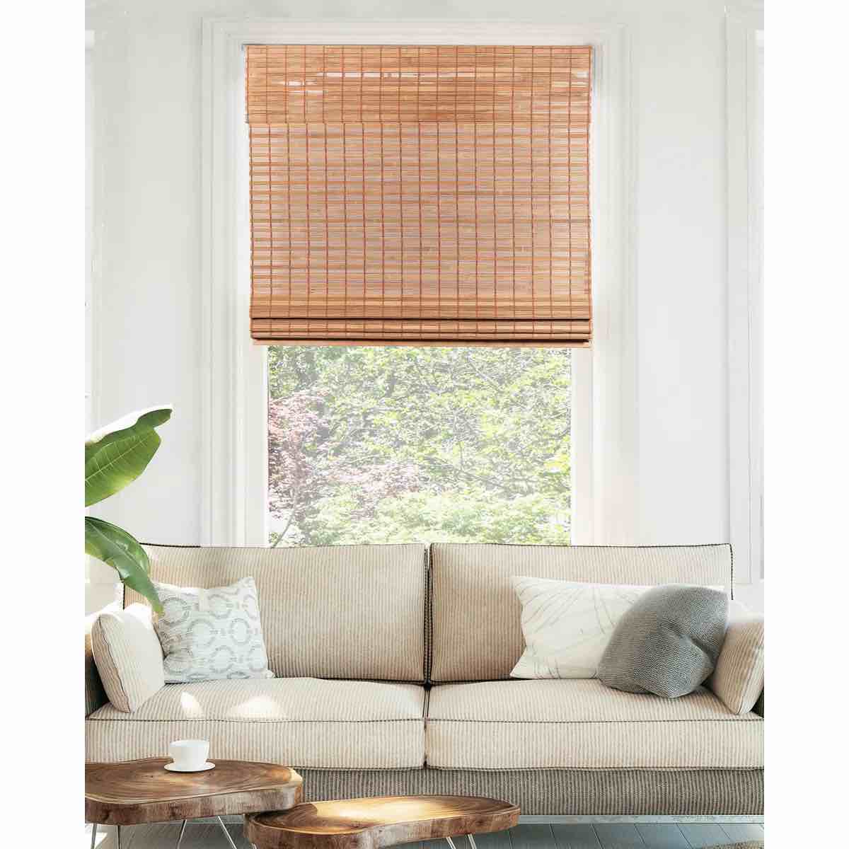 cordless light filtering woven wood bamboo roman shade with valance