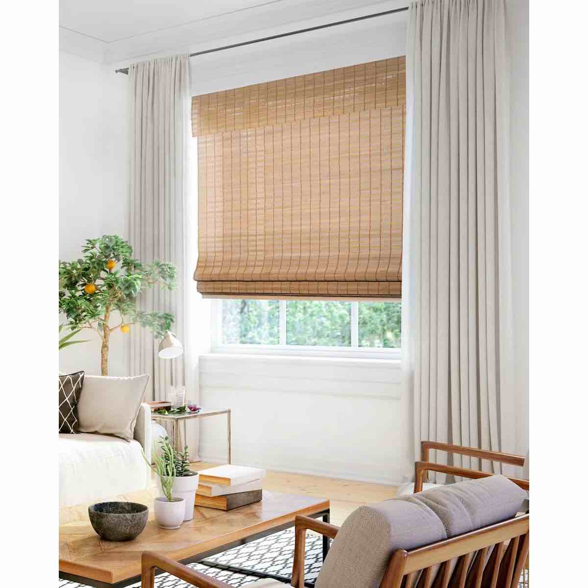 Condition photo showing New/Like New for cordless light filtering woven wood bamboo roman shade with valance