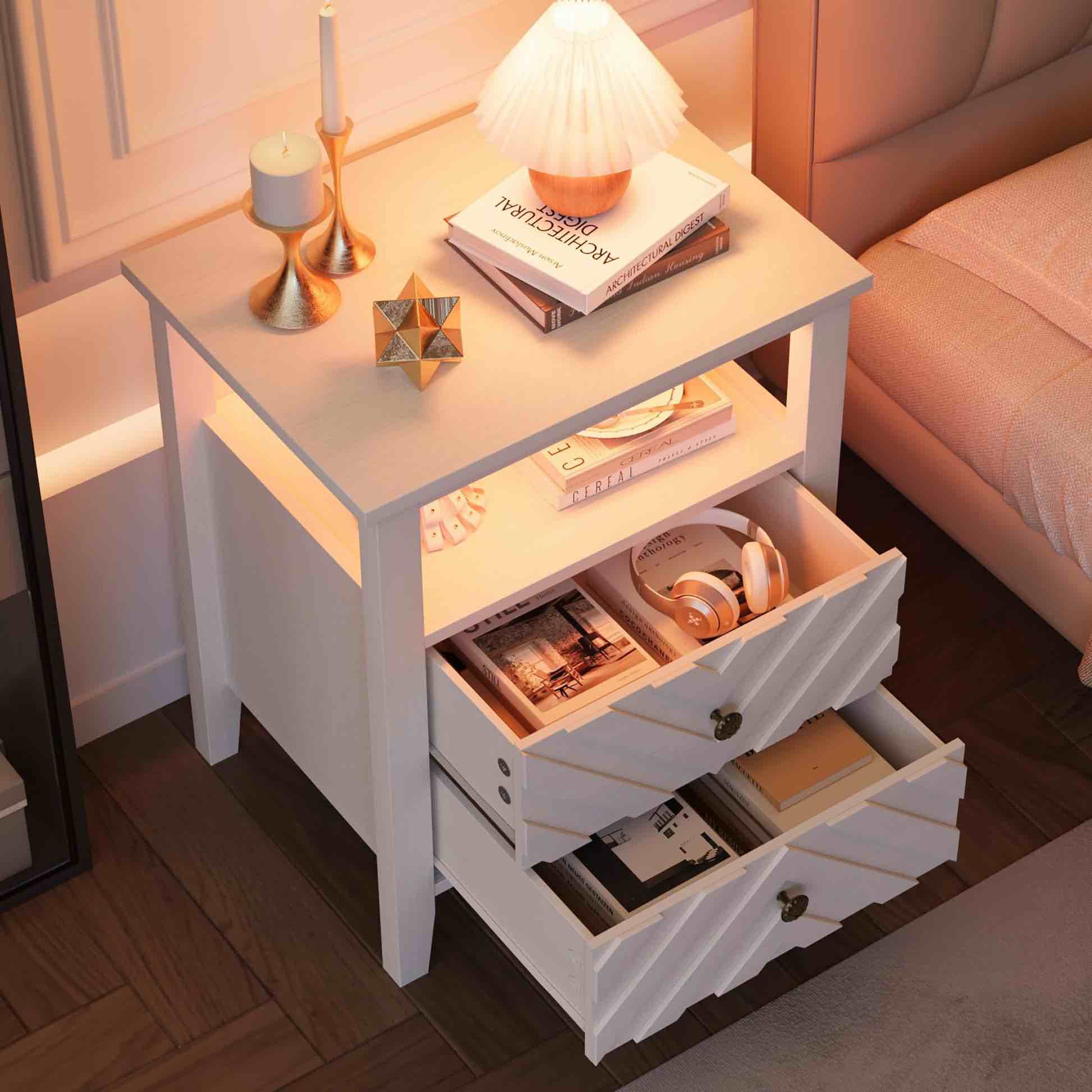 Condition photo showing New/Like New for garvee white led bedside table with 2 storage drawers - rgb lighting - v-shaped farmhouse bedside table - open shelf & sturdy wooden legs for bedroom, living room, office - color: white
