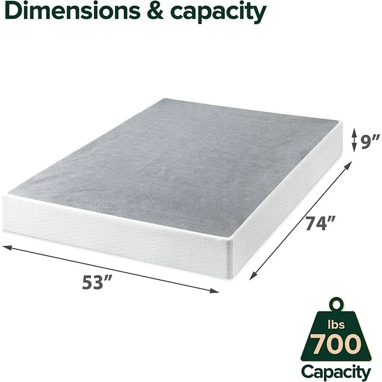 Condition photo showing New/Like New for 9 inch box spring full size bed, heavy duty metal mattress foundation, 3000 lbs capacity, high profile, noise-free, easy assembly with fabric cover