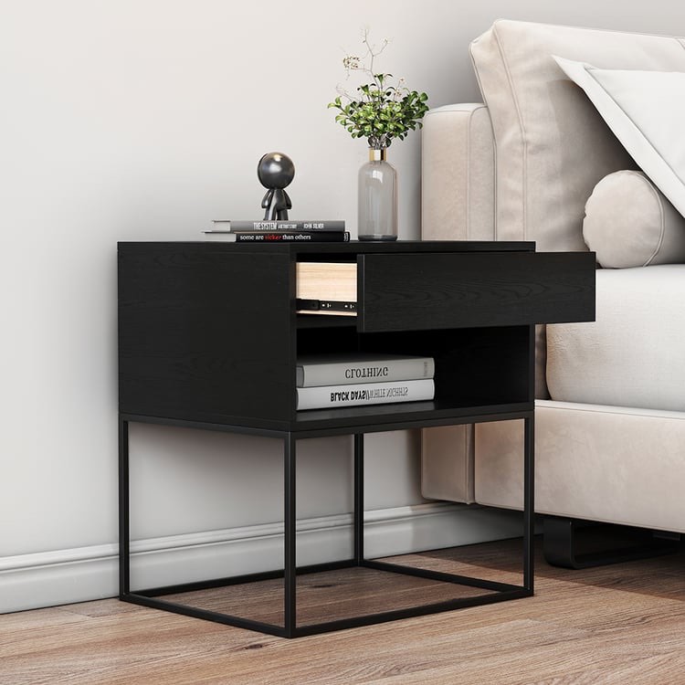 Condition photo showing New/Like New for black modern nightstand with drawer and black metal base